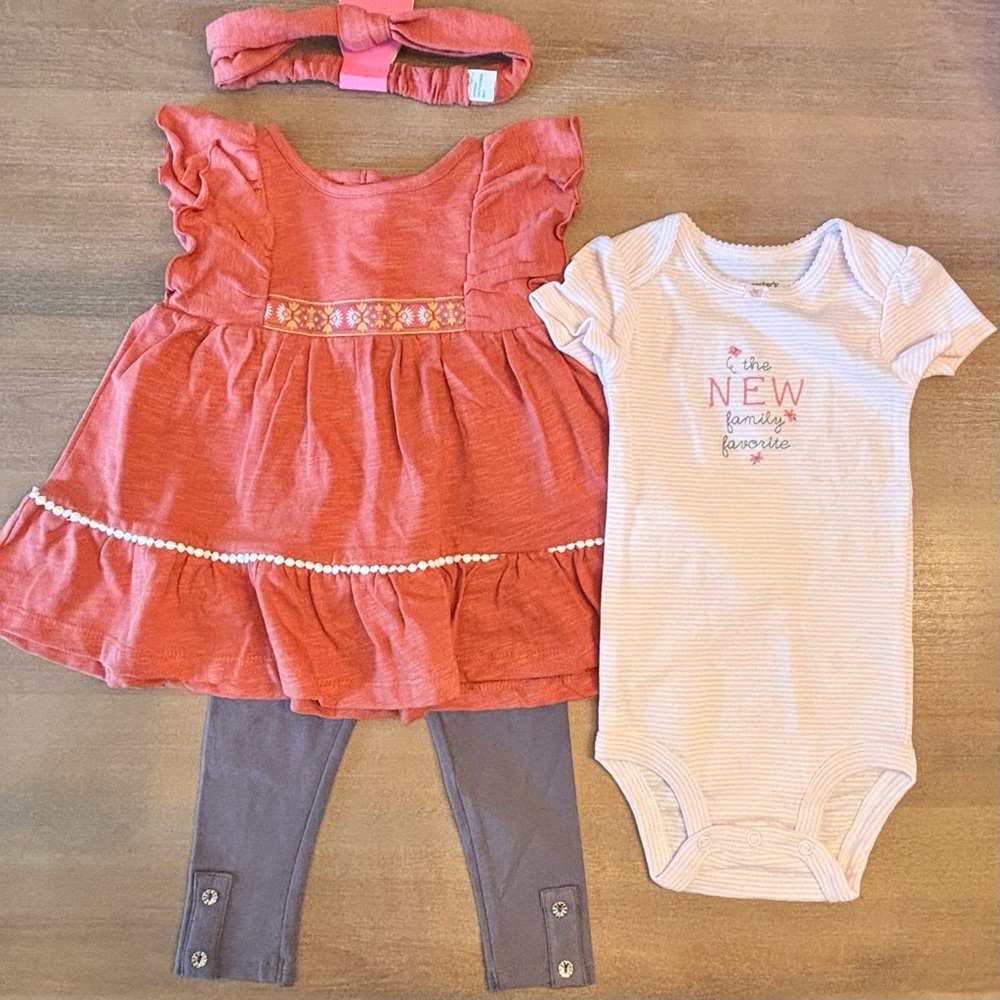 Isaac Mizrahi Matching Set Coral Flutter Dress + Leggings, Headband, Onesie, 12m